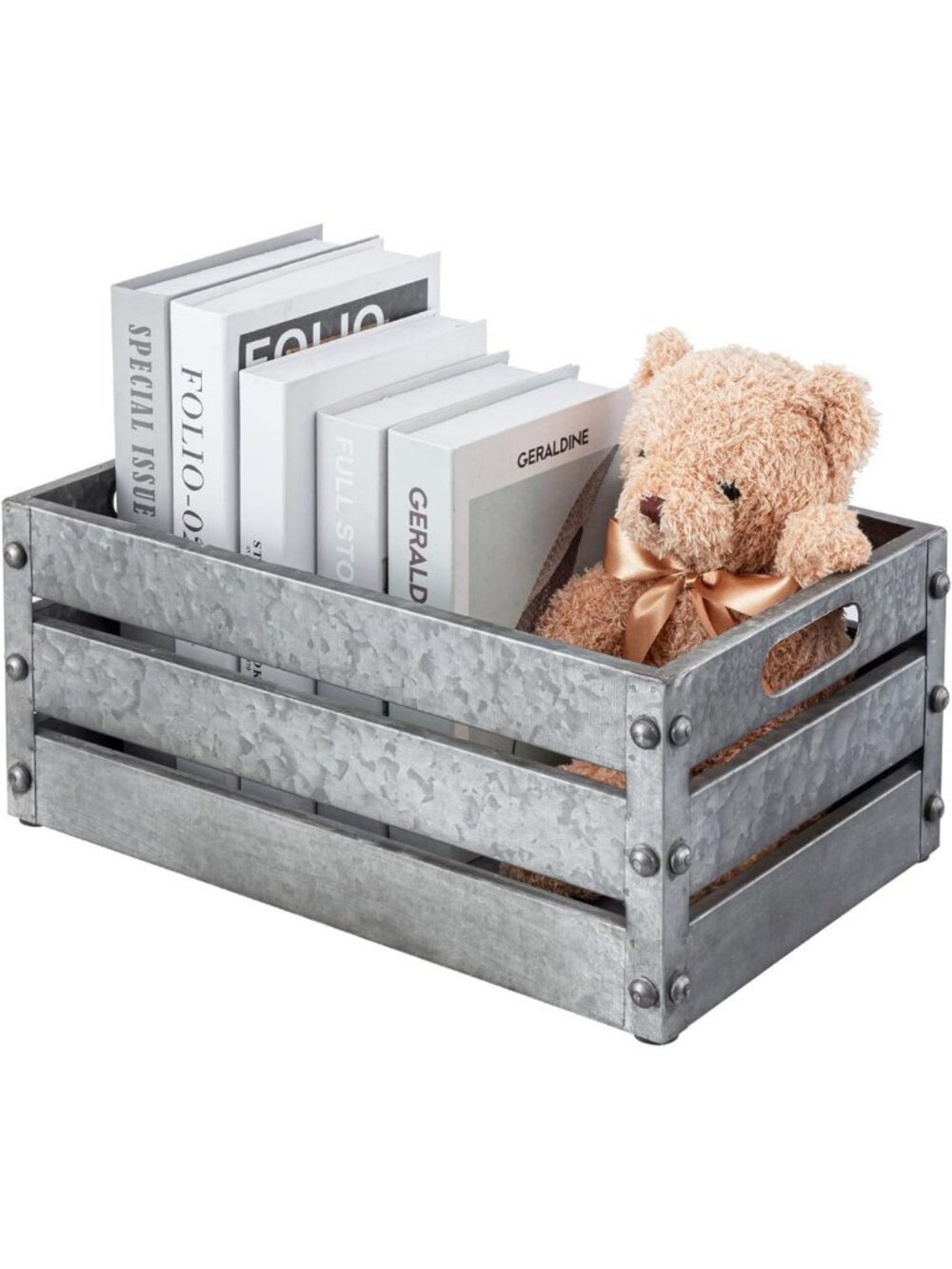 Rustic 16-Inch Silver Galvanized Metal Storage Crate Box with Vintage Handles